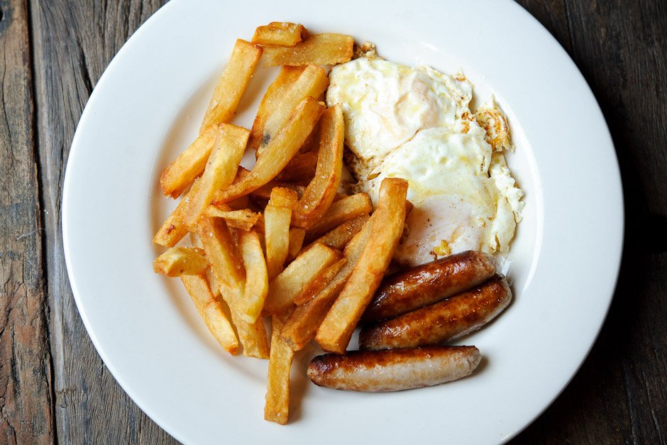 Sausage, egg, and chips.